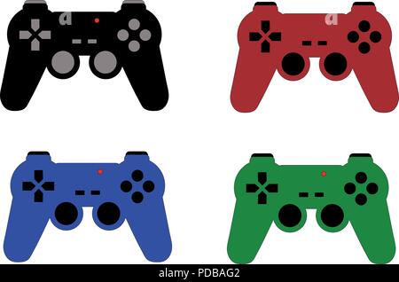 Set di quattro video controller di gioco di colori diversi isolati. Gamepad con luce rossa, pulsanti e joystick. Icona o logo con il concetto di gioco. Illustrazione Vettoriale