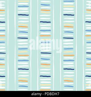 Disegnata a mano colorata scala tribali-come marchi e strisce, mimando la cucitura folk su sfondo menta. Vector seamless pattern. Fresca geometr astratto Illustrazione Vettoriale