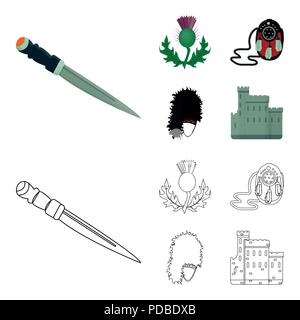 National Dirk pugnale, Thistle simbolo nazionale, Sporran,glengarry.Scozia set di icone di raccolta in cartoon,Outline stile simbolo vettore stock illustrati Illustrazione Vettoriale