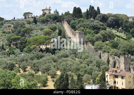 Firenze città di parete architettura romana da un punto di vista aereo circondato da campi verdi e alberi, con cielo blu e nuvole. Firenze, Toscana, Italia Foto Stock