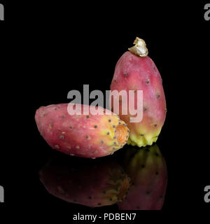 Due indiani aka Barberia fichi, l' Opuntia ficus-indica su sfondo nero. Aka ficodindia, tonno frutta. Square crop. Foto Stock