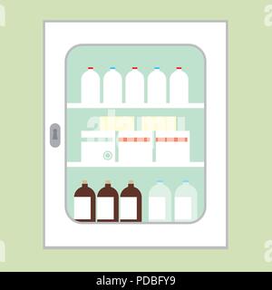 Cabinet bianco per i medicinali destinati per il primo soccorso con la porta chiusa, con gli occhiali, scatole e bottiglie pareti verdi su sfondo - vettore Illustrazione Vettoriale