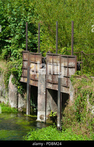 Paratoie sul fiume Wylye a Longbridge Deverill, Warminster, Wiltshire, Regno Unito. Foto Stock