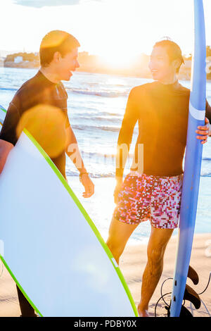 Maschio di surfisti con tavole da surf parlando di sunny ocean beach Foto Stock