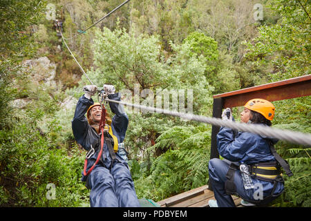 Donna fodera zip sopra gli alberi Foto Stock