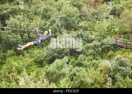 Ritratto di spensierata man zip fodera sopra gli alberi Foto Stock