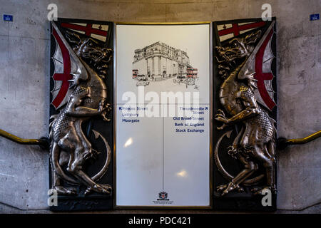 Un drago "City of London' segno di uscita alla stazione della metropolitana di Bank di Londra, Inghilterra Foto Stock