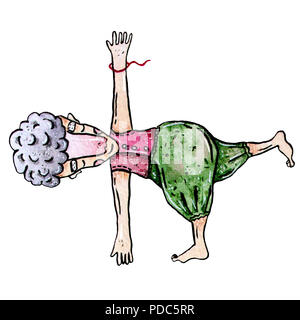 Uomo in pantaloni verdi in asan yoga su sfondo bianco Foto Stock