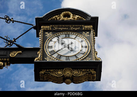 Orologio appeso al di fuori del 1908 chelsea old town hall, a Chelsea, Londra, Inghilterra, con iscrizione latina tempus fugit, o il tempo vola Foto Stock