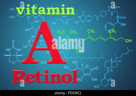 La vitamina A, retinolo. Formula chimica, la struttura molecolare. Il rendering 3D Foto Stock