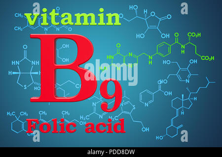 La vitamina B9, acido folico. Formula chimica, la struttura molecolare. Il rendering 3D Foto Stock