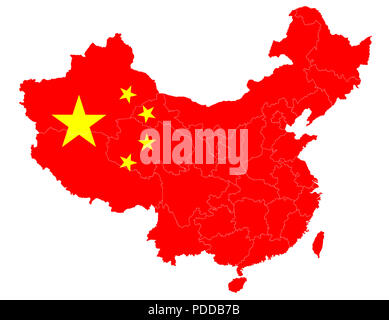 Mappa della Cina con la bandiera nazionale, mostrando le province, regioni autonome e comuni, con un tracciato di ritaglio , isolate su un backgrou bianco Foto Stock