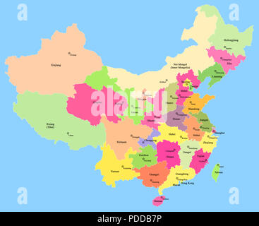 Mappa della Cina con la bandiera nazionale, mostrando le province, regioni autonome, comuni, e capitelli con un tracciato di ritaglio , isolato su una Pentecoste Foto Stock