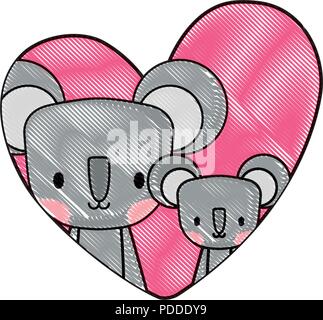 Cuore con graziosi koala su sfondo bianco, illustrazione vettoriale Illustrazione Vettoriale