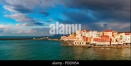 Panorama del Porto Antico, Chania, Creta, Grecia Foto Stock