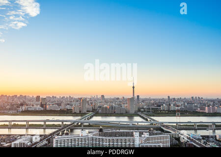 Business e cultura - concetto moderno panoramiche dello skyline della città bird eye vista aerea con tokyo skytree sotto drammatico tramonto illuminano e bella nuvoloso s Foto Stock