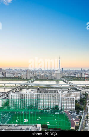 Business e cultura - concetto moderno panoramiche dello skyline della città bird eye vista aerea con tokyo skytree sotto drammatico tramonto illuminano e bella nuvoloso s Foto Stock