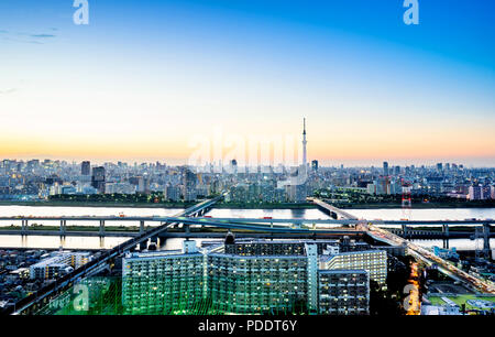 Il concetto di business per immobili aziendali - costruzione moderna panoramiche dello skyline della città di uccelli antenna occhio vista notturna con tokyo skytree sotto drammatico g Foto Stock