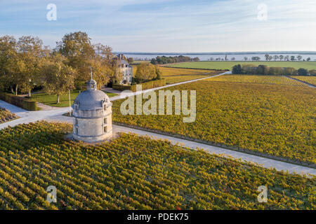 Francia, Gironde, Medoc, Pauillac, Chateau Latour, la famosa torre e di estuario Gironde in background (vista aerea) // Francia, Gironde (33), il Médoc, Pau Foto Stock