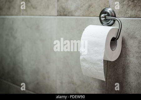 Bianco carta igienica sul supporto di cromo Foto Stock