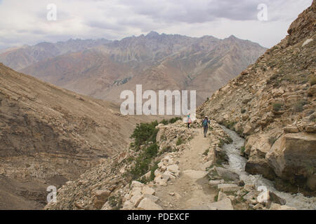 Trekking lungo un canale di irrigazione di Engel's Peak, Langar, Tagikistan Foto Stock