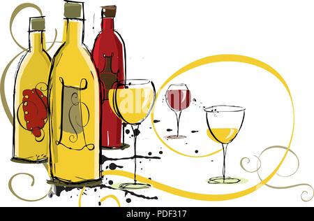Un assortimento di vini. Sketchy, disegnato a mano le bottiglie di vino e bicchieri di vino. Illustrazione Vettoriale