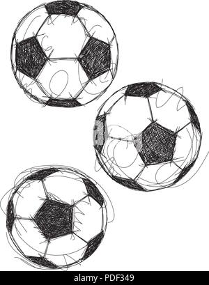 Pallone da calcio schizzi Sketchy, disegnati a mano palloni da calcio o palloni da calcio. Illustrazione Vettoriale