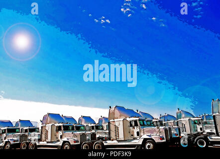 Tutti questi trattori semi schierate insieme brilla al sole estivo ha attirato la mia attenzione. Ho girato un diverso tipo di paesaggio, un 'truckscape', Foto Stock