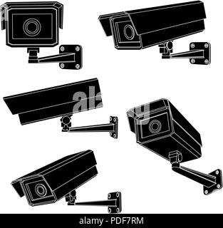 Sistema di sicurezza con telecamere. Contorno nero disegno Illustrazione Vettoriale
