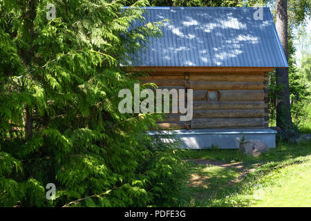 Country house con Windows in laminato di impiallacciatura di legname. Calda estate meteo. Fiori in un vaso. Foto Stock