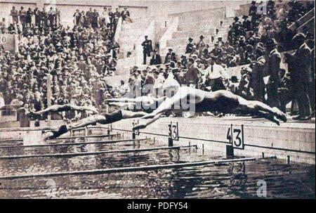 130 Finale du 400 mètres gage libre des JO 1924, de G. à D. Weissmuller, Borg et Charlton Foto Stock