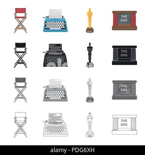 Il direttore di poltrona, una macchina da scrivere, un film festival award, uno schermo nel cinema. Film e Cinema set di icone di raccolta in cartoon nero monocromatico Illustrazione Vettoriale