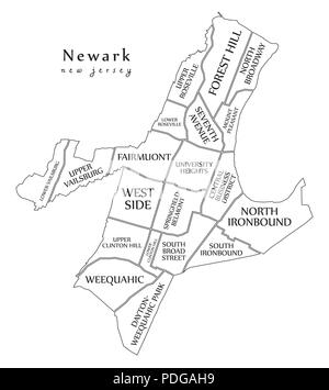 Città moderna mappa - Newark New Jersey città degli Stati Uniti con i quartieri e i titoli mappa di contorno Illustrazione Vettoriale