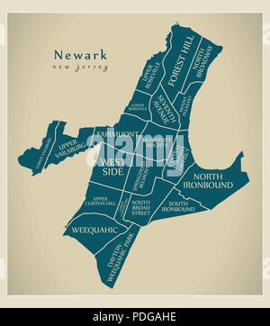 Città moderna mappa - Newark New Jersey città degli Stati Uniti con i quartieri e titoli Illustrazione Vettoriale