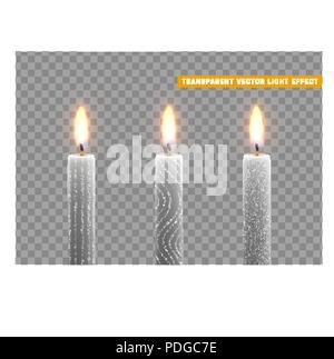 Candele bruciano con il fuoco. Set di candele di paraffina realistico isolato su sfondo trasparente. Elemento di arredamento di design, illustrazione vettoriale Illustrazione Vettoriale