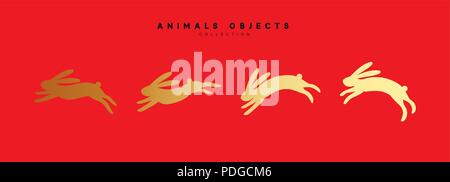 Set di illustrazione di coniglio. Collezione golden bunny isolato su sfondo rosso. Illustrazione Vettoriale