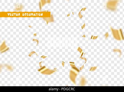 La caduta di shiny golden coriandoli isolato su sfondo trasparente. Luminose tinsel festosa di color oro. Illustrazione Vettoriale