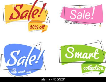 Set lineare piatto colorato banner promozionali. piatta a forma di bolla adesivo, etichetta, nastro. Illustrazione Vettoriale stile lineare. Testo - Vendita finale di stagione, 50 Illustrazione Vettoriale