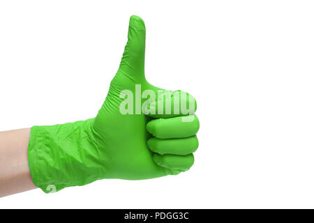 Come icona del segno fatto di verde guanti medicali. Mano dito in alto il simbolo. Thumbs up gesto. Isolato su sfondo bianco Foto Stock
