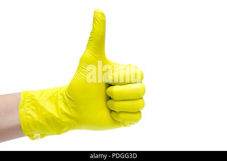Come segno icona resa del giallo guanti medicali. Mano dito in alto il simbolo. Thumbs up gesto. Isolato su sfondo bianco Foto Stock