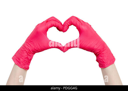 Cuore di rosso guanti medicali, uno stile di vita sano, benefici di vitamine, vaccinazione Paura delle iniezioni, medical store, farmacia, presentazione, q Foto Stock