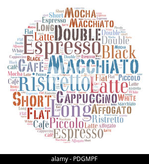 Indice delle bevande di caffè parole cloud collage, sfondo poster, caffè concetto sulla forma a sfera Foto Stock