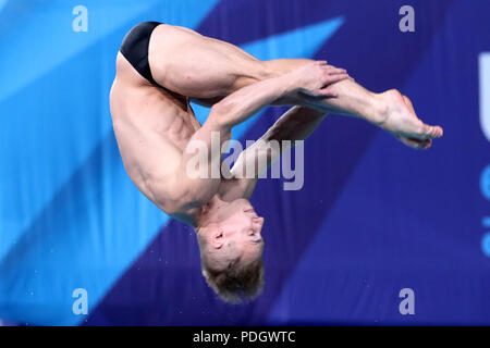 Gran Bretagna Laugher Jack in azione in Uomini 3m Springboard diving concorrenza durante il giorno otto del 2018 Campionati Europei presso il Royal Commonwealth Pool, Edimburgo. Foto Stock