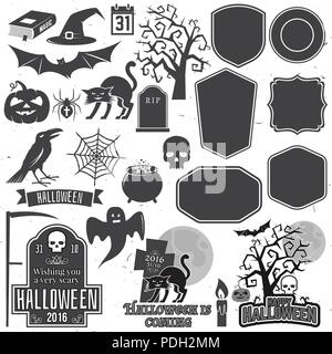 Halloween icona vintage, emblema o etichetta ed elementi di design. Illustrazione Vettoriale. Set di Halloween includono cat, zucca, bat crow, cranio, albero, candela, Illustrazione Vettoriale