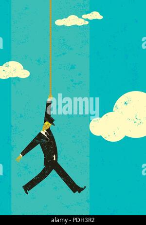 Estremità della fune. Un uomo nel cielo appesi alla fine della sua corda. Illustrazione Vettoriale