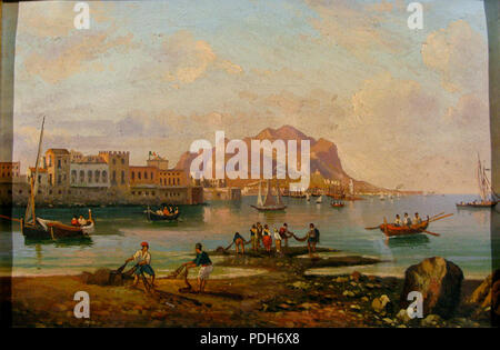 294 Scuola-Siciliana-secolo-XIX-veduta del golfo-di-palermo-con-pescatori-dipinto-ad-olio-su-carta Foto Stock