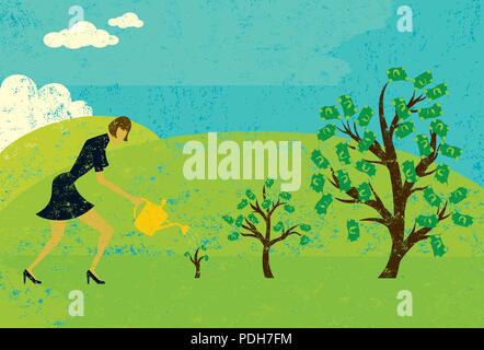 Crescono alberi di denaro. Imprenditrice di Irrigazione degli alberi di denaro su un paesaggio astratto dello sfondo. Illustrazione Vettoriale