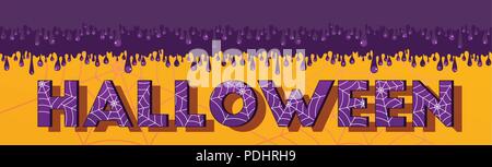 Intestazione banner per la festa di Halloween. Viola lettere con una ragnatela. Illustrazione Vettoriale