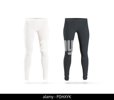 Gambali vuoto mockup impostare, nero, bianco, isolata. Cancellare leggins modello. Pantaloni tessuto design presentazione. Sport pantaloons stretch collant modello indossa. Gambe Slim in capi di vestiario. Foto Stock
