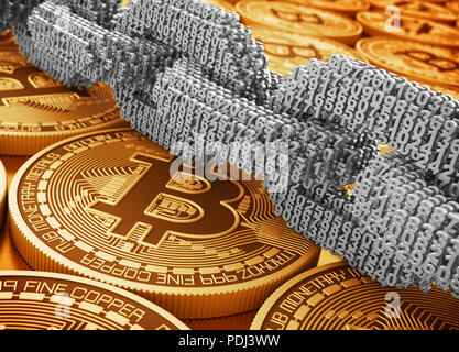 Argento catena digitale di interconnessi 3D Numeri e Golden Bitcoins. 3D'illustrazione. Foto Stock